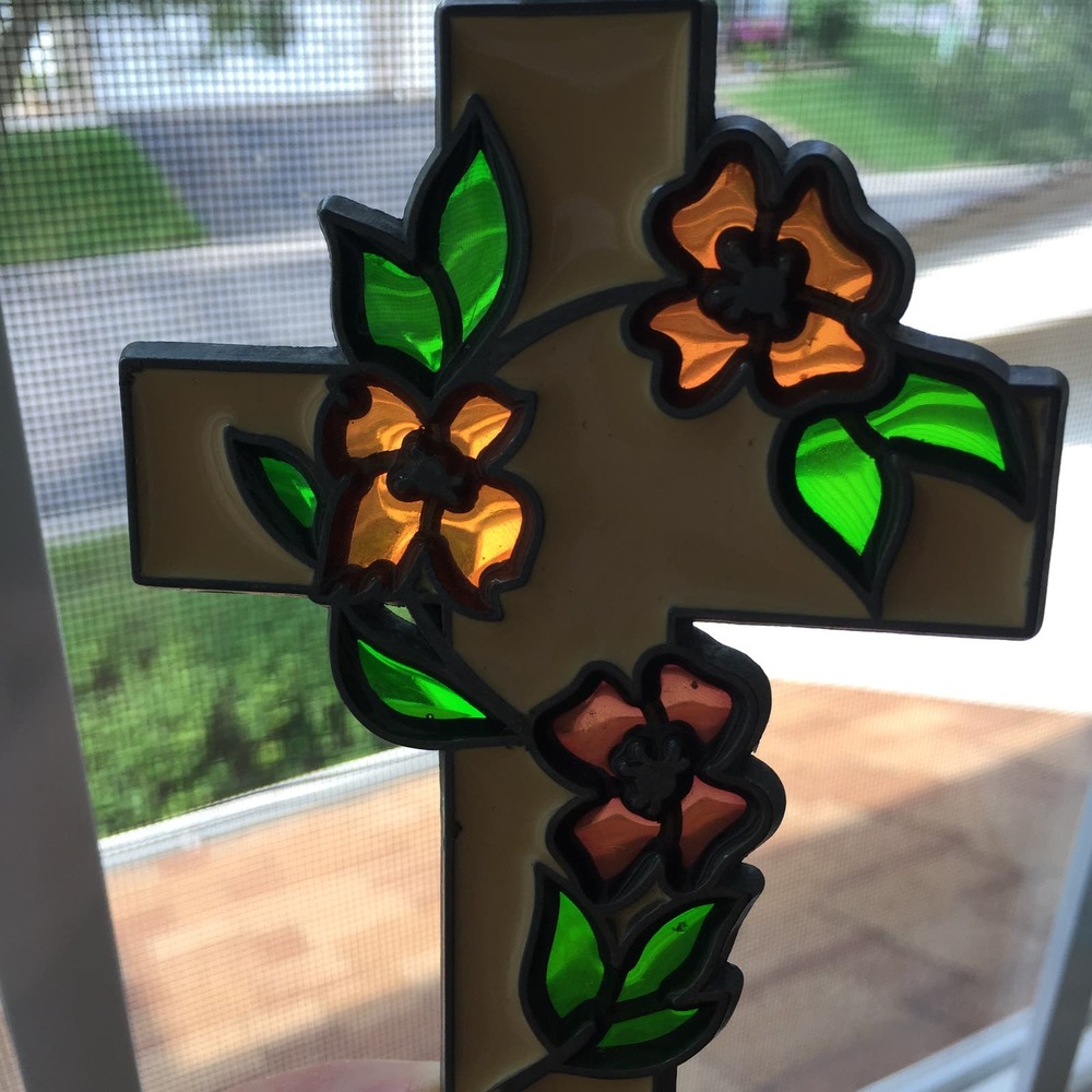 Floral Stained Glass Red Green Yellow Enamel Metal Christian Cross 4.5"